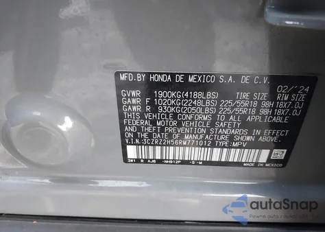2024 Honda Hr-V Awd Sport/Awd Sport W/O Bsi from USA, damaged, VIN 3CZRZ2H56RM771012